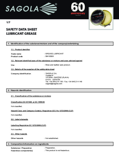 Safety data sheet Lubricant Grease